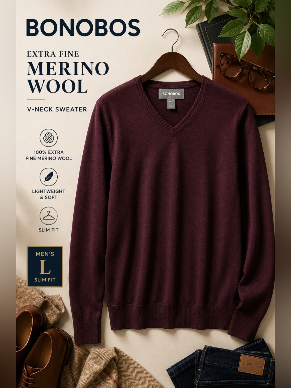 Bonobos Extra Fine Merino Wool V-Neck Sweater Men’s Large Slim Fit Burgundy